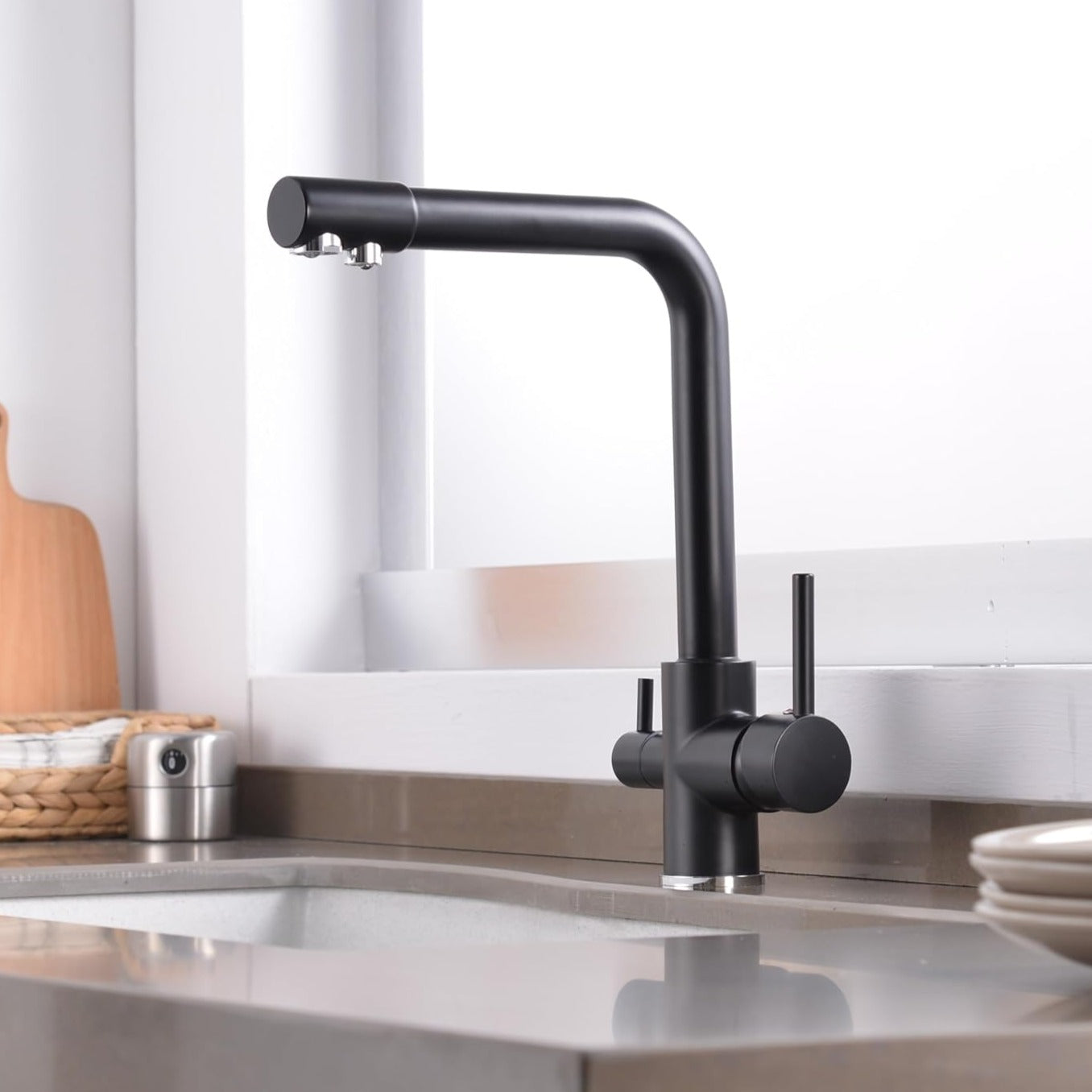 B Backline Brass Kitchen Faucet Tap Double Lever Hole RO Drinking water tap kitchen faucet (Black Matt)