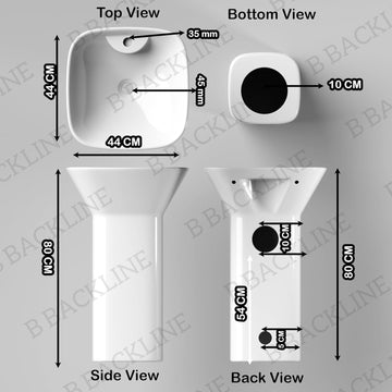 B Backline Ceramic Pedestal Free Standing Wash Basin Square 17 Inch White