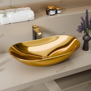 B BACKLINE Ceramic Table Top Vessel Sink Wash Basin 24 X 14 X 6 Inch (Gold)