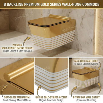 B Backline Ceramic Wall Hung Toilet Wall Mounted Water Closet Commode Rimless Commode Gold White Color 54 X 36 X 36 Cm