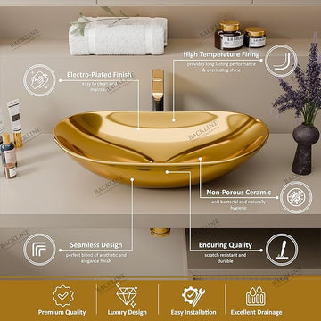 B BACKLINE Ceramic Table Top Vessel Sink Wash Basin 24 X 14 X 6 Inch (Gold)