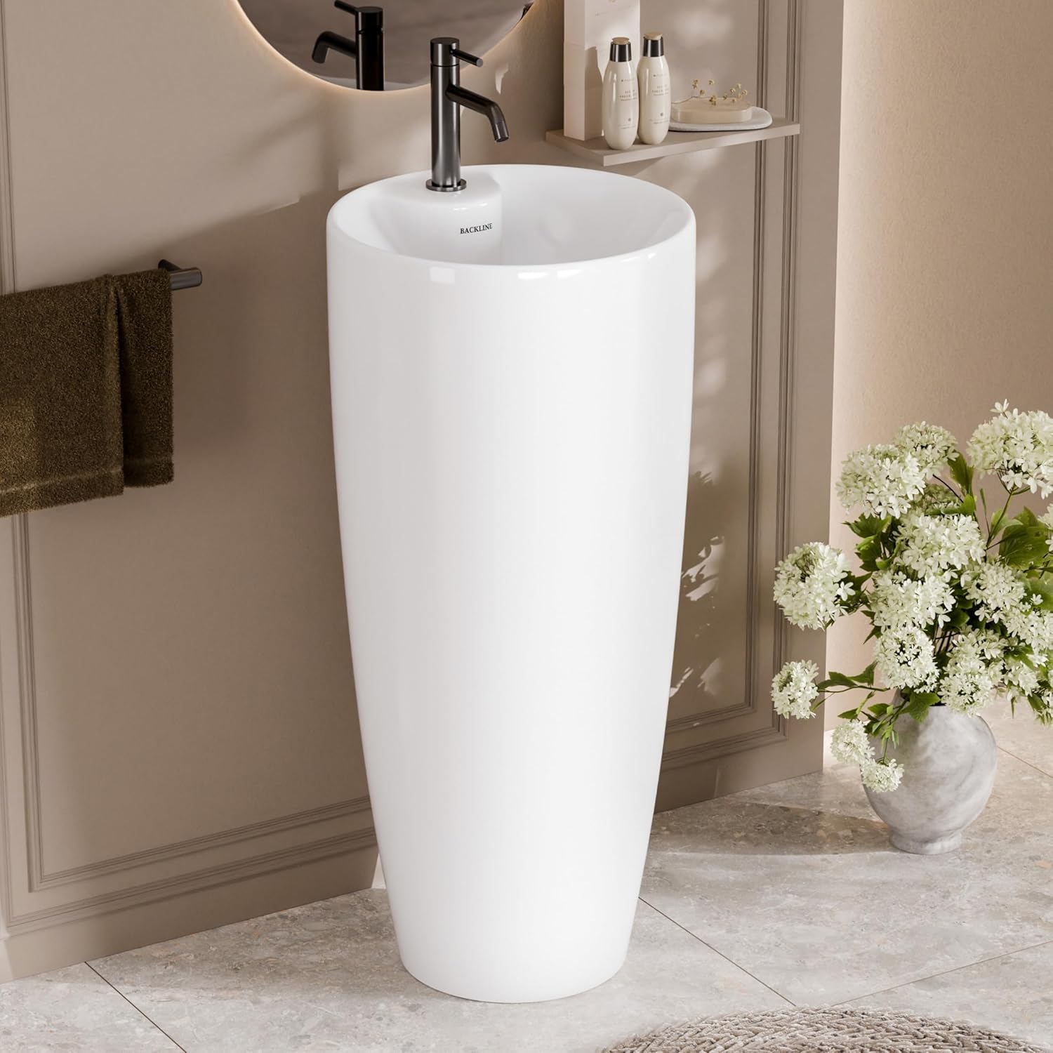 B Backline Ceramic Pedestal Free Standing Wash Basin Round 15 Inch White