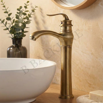 Backline Brass High Neck Basin Mixer Tap – Single Lever Hot & Cold Faucet for Table Top Basin, Antique Finish Luxury Bathroom Tap
