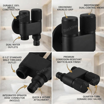Backline 2-in-1 Double Outlet Matte Black Brass Angle Valve with Dual Control Nozzle for Health Faucet and Geyser