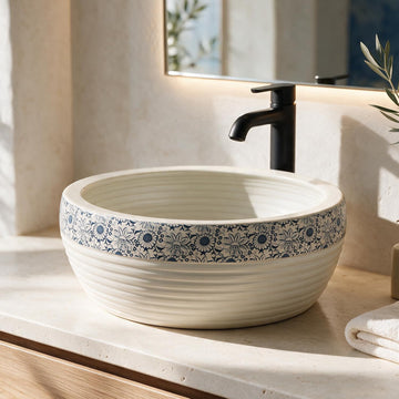 Backline Moroccan Ceramic Countertop Basin – Matt White & Blue (41 x 41 x 14 cm)