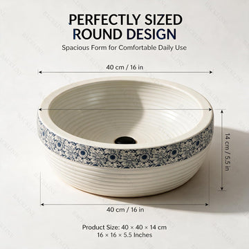 Backline Moroccan Ceramic Countertop Basin – Matt White & Blue (41 x 41 x 14 cm)
