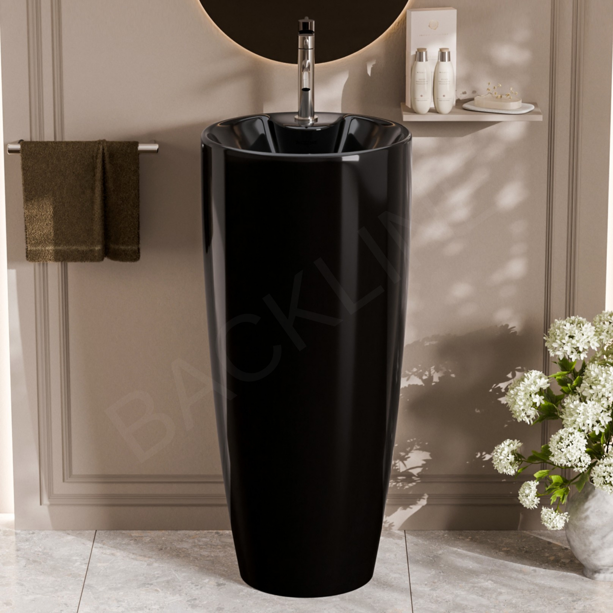 B Backline Ceramic Pedestal Wash Basin Round 15 X 15 X 34 Inch Black Glossy