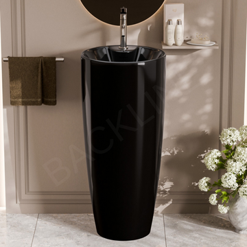 B Backline Ceramic Pedestal Wash Basin Round 15 X 15 X 34 Inch Black Glossy