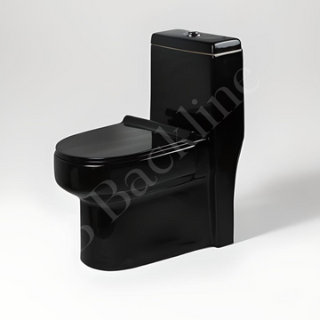 B Backline Ceramic One-Piece Toilet Western Commode P Trap Outlet Is From Wall 26 X 14 X 29 Inches Black Glossy