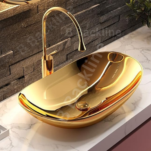 B Backline Ceramic Table Top, Counter Top Wash Basin 25 X 14 X 6 Inches Gold Glossy