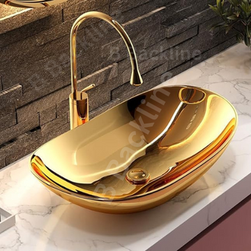B Backline Ceramic Table Top, Counter Top Wash Basin 25 X 14 X 6 Inches Gold Glossy