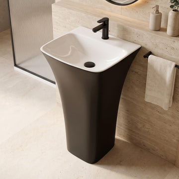 Backline 32.5" Freestanding Pedestal Wash Basin - Matte Black & White One-Piece Ceramic Basin