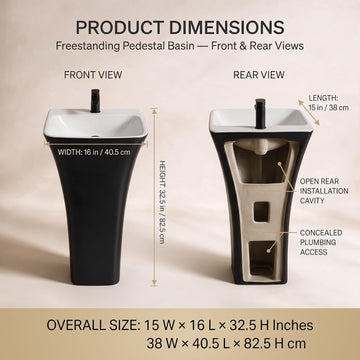 Backline 32.5" Freestanding Pedestal Wash Basin - Matte Black & White One-Piece Ceramic Basin
