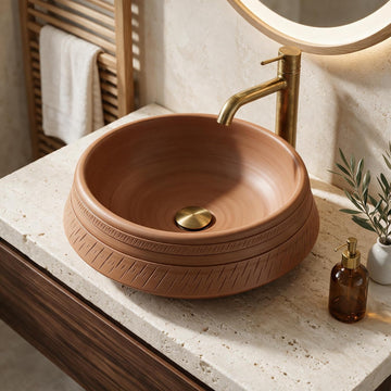 Backline Countertop Table Top Wash Basin in Matt Wooden Finish (42 x 42 x 14.5 cm) – Round Modern Basin