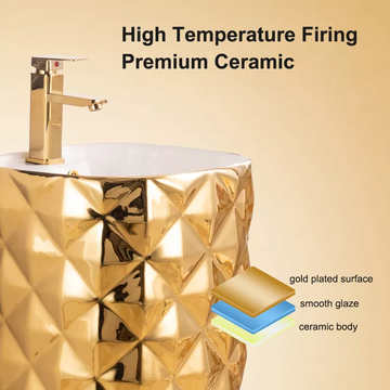 B Backline Ceramic Pedestal Free Standing Wash Basin Square 16 X 16 X 34 Inches (Gold Glossy)