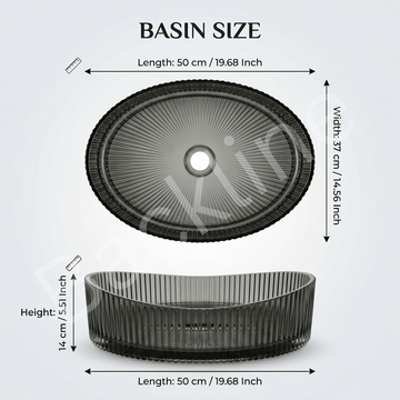 B Backline Black Transparent Glass Basin - Premium Toughened Glass Table Top Countertop Wash Basin (50 x 37 x 14 cm)
