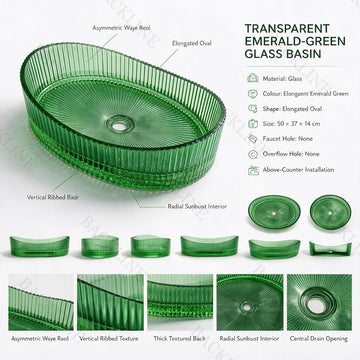 Backline Ribbed Oval Glass Countertop Wash Basin (50 x 37 x 14 cm)