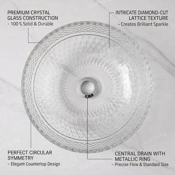 B Backline Luxury Glass Basin | Table Top Wash Basin | Counter Top Basin | Glass Bowl Basin For Bathroom & Livingrooms 42 X 42 X 18 Cm (White Transprent)