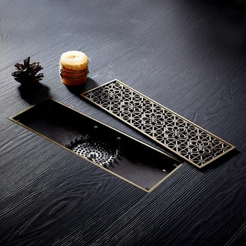 B Backline Brass Floor Drain 12" x 3" – Antique Bronze Matte Finish | Rectangle Bathroom Drain Grating with Anti-Foul Cockroach Trap (30x 8.2 Cm)