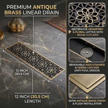 B Backline Brass Floor Drain 12" x 3" – Antique Bronze Matte Finish | Rectangle Bathroom Drain Grating with Anti-Foul Cockroach Trap (30x 8.2 Cm)