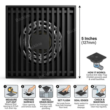 B Backline 5x5 Inch Matte Black Brass Floor Drainer | Square Bathroom Floor Waste Grating with Anti-Foul Cockroach Trap & Odour Control