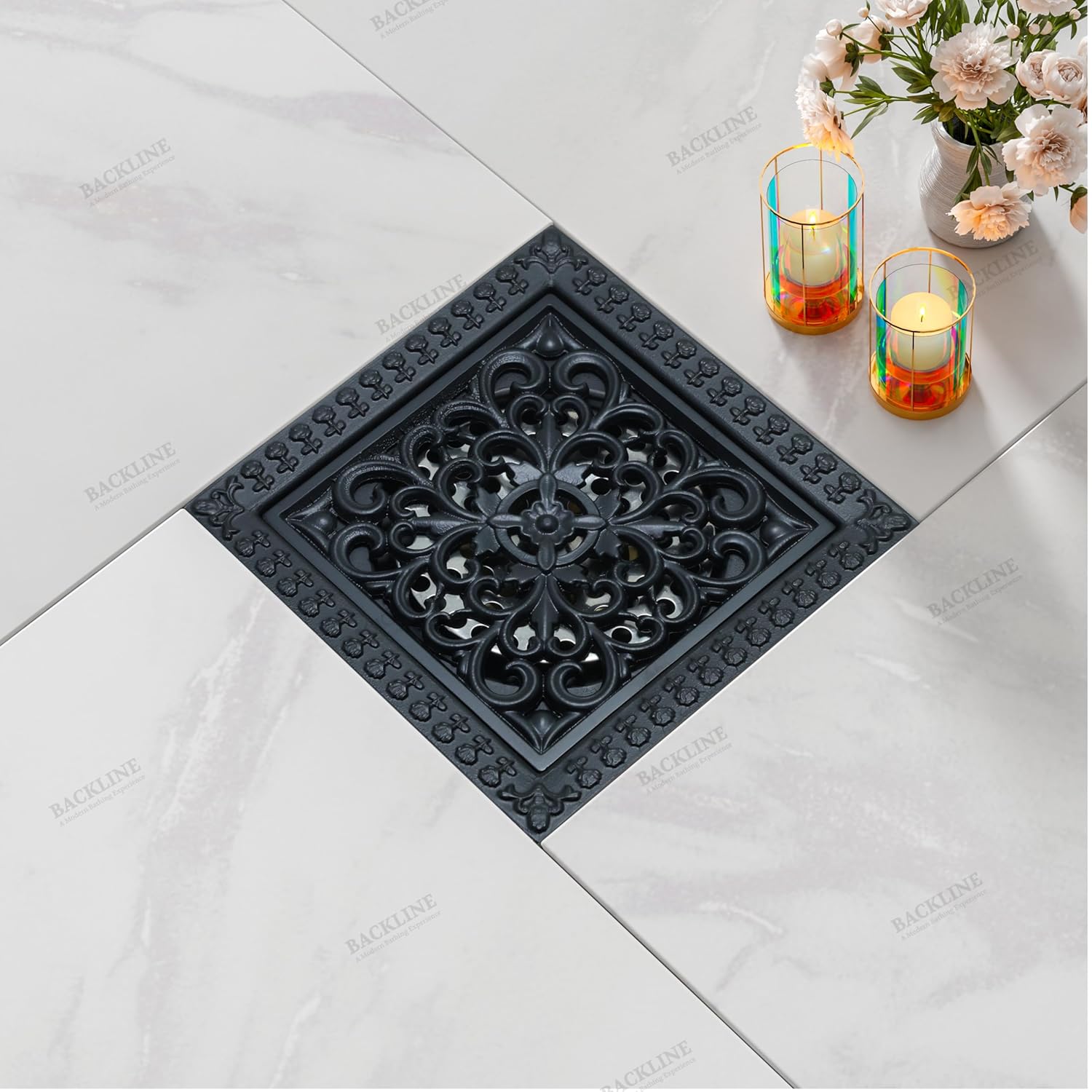 Backline 5x5 Inch Brass Floor Drainer – Matte Black – Tile Insert Wast