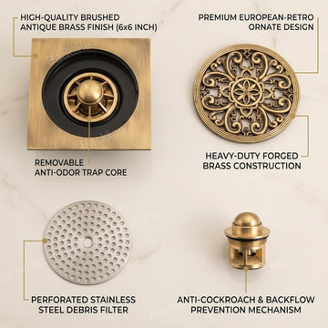 B Backline Brass Floor Drain 12x12 cm – Antique Bronze Finish | Bathroom Tile Insert Grating with Anti-Foul Cockroach Trap, Waterproof & Rust-Resistant