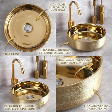 B Backline Ceramic Table Top, Counter Top Wash Basin Gold 36 x 36 CM