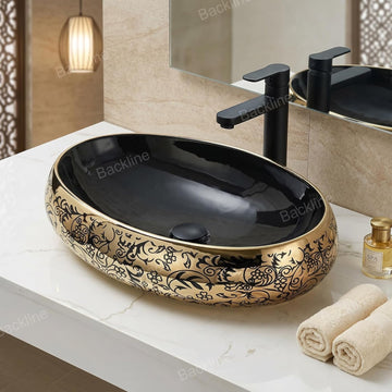 B Backline Ceramic Table Top, Counter Top Wash Basin Oval Black Color