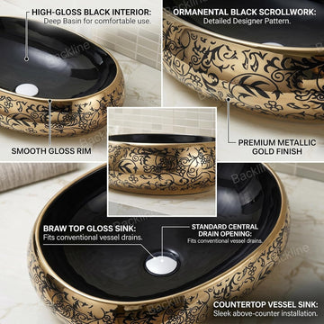B Backline Ceramic Table Top, Counter Top Wash Basin Oval Black Color