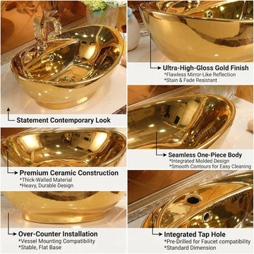 B Backline Ceramic Counter Top/Over Counter Wash Basin Table Top/Vessel Sink for Bathroom & Living Room 59 X 39 X 21 cm (Gold)