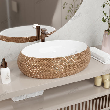 B Backline Ceramic Table Top, Counter Top Wash Basin Oval Gold Color