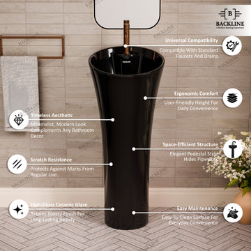 B Backline Ceramic Pedestal Free Standing Wash Basin Round 15 X 15 X 34 Inch Black Glossy