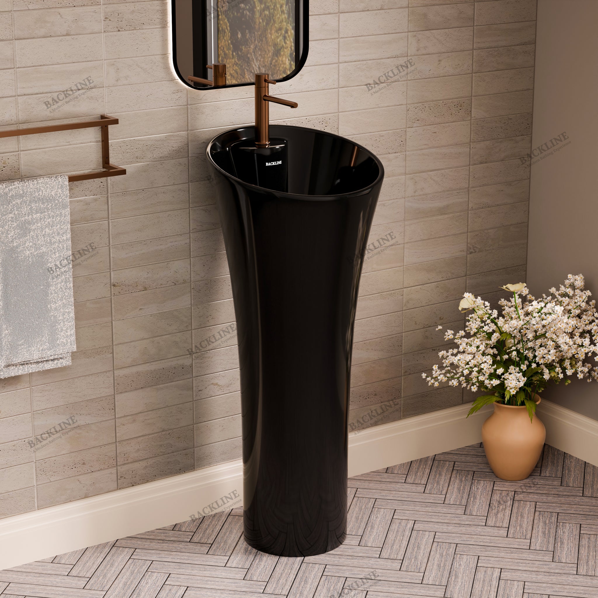 B Backline Ceramic Pedestal Free Standing Wash Basin Round 15 X 15 X 34 Inch Black Glossy