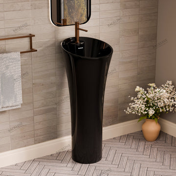 B Backline Ceramic Pedestal Free Standing Wash Basin Round 15 X 15 X 34 Inch Black Glossy