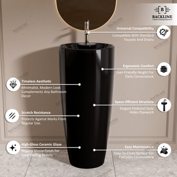 B Backline Ceramic Pedestal Wash Basin Round 15 X 15 X 34 Inch Black Glossy