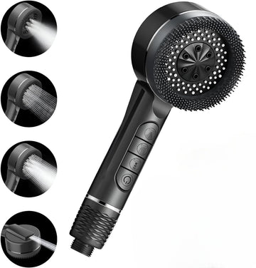 Backline 4-Function High-Pressure Hand Shower with Soft Silicone Brush – Matte Black Handheld Showerhead for Bathroom