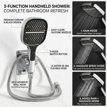 Backline 3-Function High-Pressure Hand Shower Set (Chrome Finish) – Includes 1.5M Flexible Hose & Wall Hook | Full Bathroom Kit