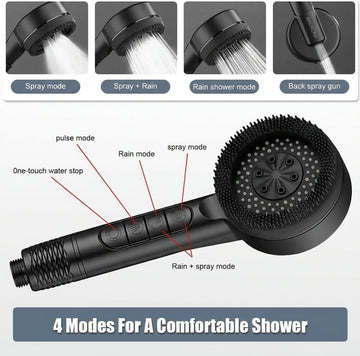 Backline 4-Function High Pressure Matte Black Hand Shower Set with Removable Soft Silicone Brush 1.5m Hose Pipe and Wall Hook Bathroom Handheld Showerhead Kit