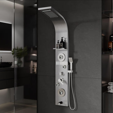 Backline 7-in-1 Thermostatic LED Shower Panel System with Storage Shelf & Spout – 304 Stainless Steel