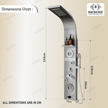 Backline 7-in-1 Thermostatic LED Shower Panel System with Storage Shelf & Spout – 304 Stainless Steel