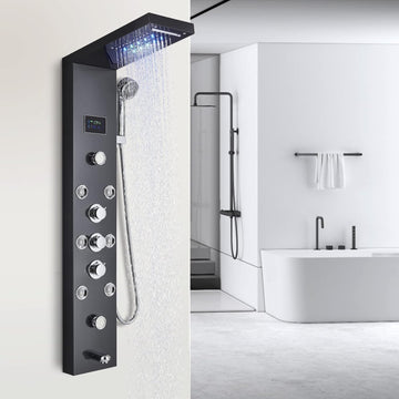 Backline 6-in-1 Thermostatic LED Shower Panel System with Massage Jets & Spout – 304 Stainless Steel (Black)