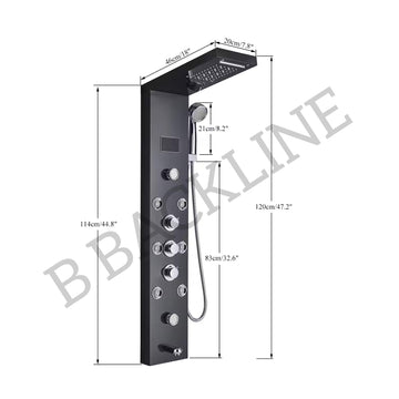 Backline 6-in-1 Thermostatic LED Shower Panel System with Massage Jets & Spout – 304 Stainless Steel (Black)