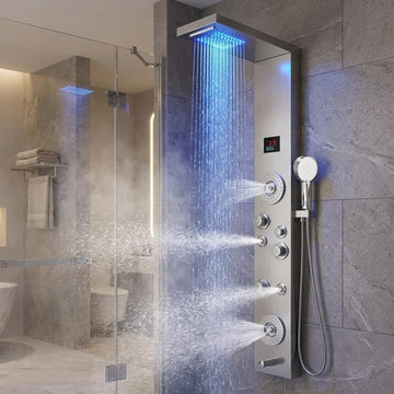Backline 7-in-1 Thermostatic LED Shower Panel System with 5-Function Handshower & Spout