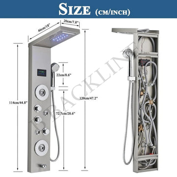 Backline 7-in-1 Thermostatic LED Shower Panel System with 5-Function Handshower & Spout