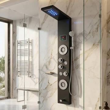 Backline 7-in-1 Thermostatic Shower Panel System with Digital Temperature Display & Hand Shower – 304 Stainless Steel