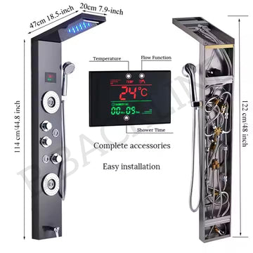 Backline 7-in-1 Thermostatic Shower Panel System with Digital Temperature Display & Hand Shower – 304 Stainless Steel