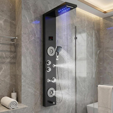 Backline 7-in-1 Thermostatic Shower Panel with Digital Temperature Display & 3-Function Hand Shower – 304 Stainless Steel (Black)