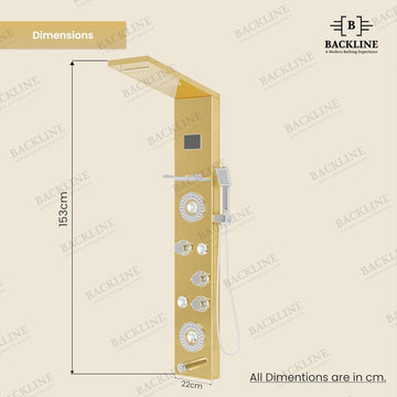 Backline 8-in-1 Thermostatic LED Shower Panel System with Shelf & Spout – 304 Stainless Steel (Gold)