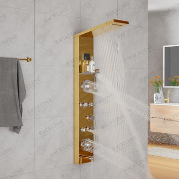 Backline 8-in-1 Thermostatic LED Shower Panel System with Shelf & Spout – 304 Stainless Steel (Gold)